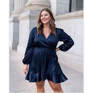 Cami Mirand Amazon The Drop XL Navy Blue Long Sleeve Ruffle Faux Wrap Dress‎